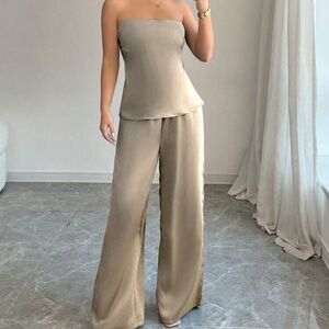 Women’s Strapless Wide-Leg Jumpsuit in Taupe